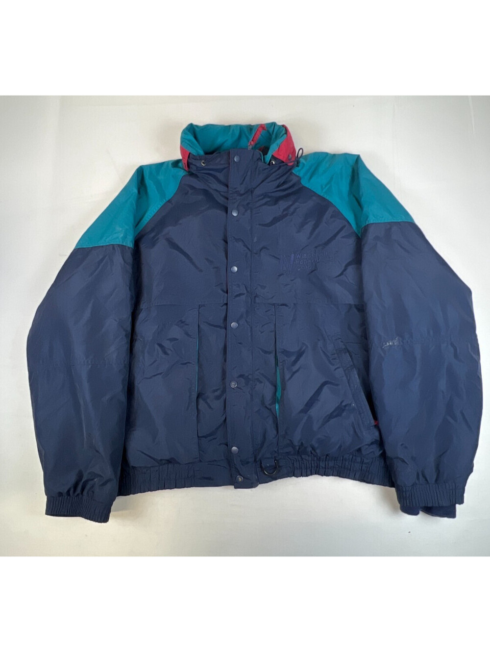 Vintage Top Gear Men's Large Blue Teal Full Zip Colorblock Nylon Bomber Jacket